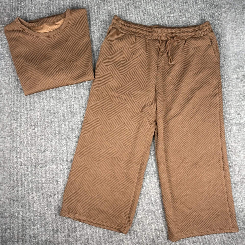NWOT Brown Textured Geometric Basketweave 2-Piece Lounge Set Top Sweats Women 2X